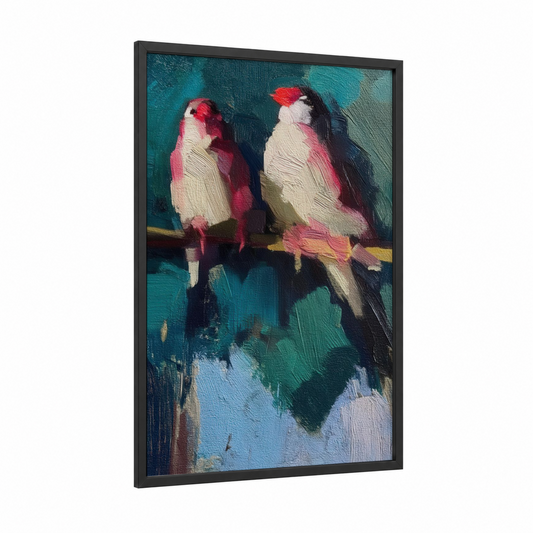 Rosy Finch Pair framed art print — black wood frame — teal and pink palette