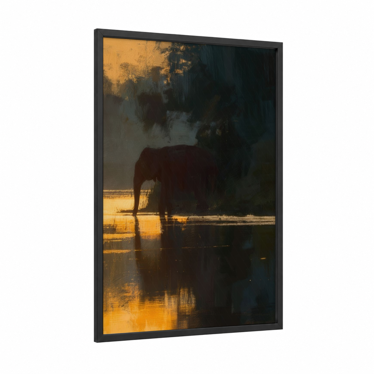 Golden Hour Elephant framed asian elephant print — black wood frame — gold and black palette