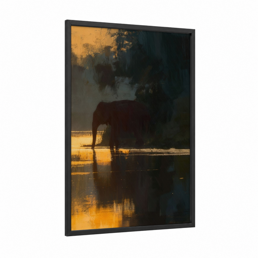 Golden Hour Elephant framed asian elephant print — black wood frame — gold and black palette