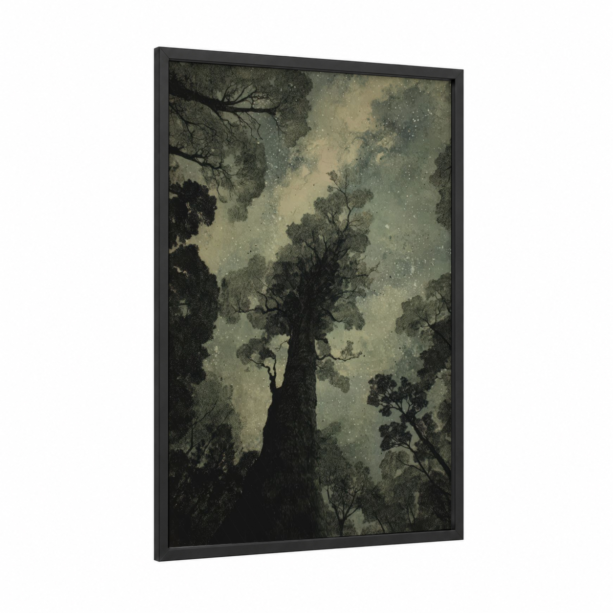 Starlit Kauri framed kauri tree print — black wood frame — black and gray and white palette