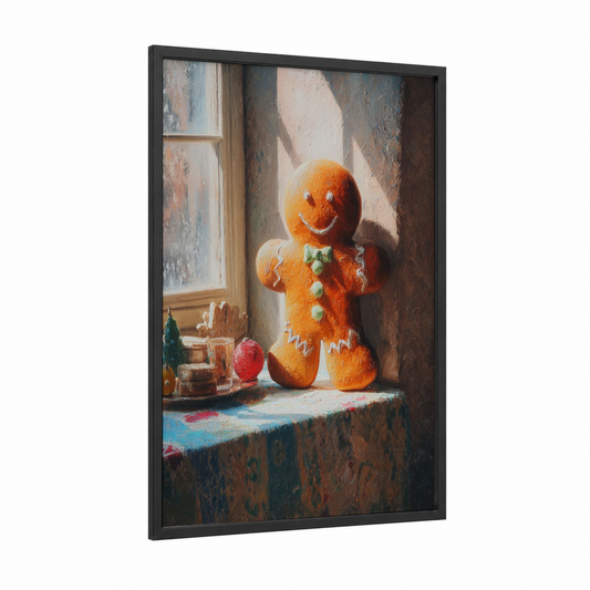 Gingerbread Window framed christmas print — black wood frame — orange and cream palette
