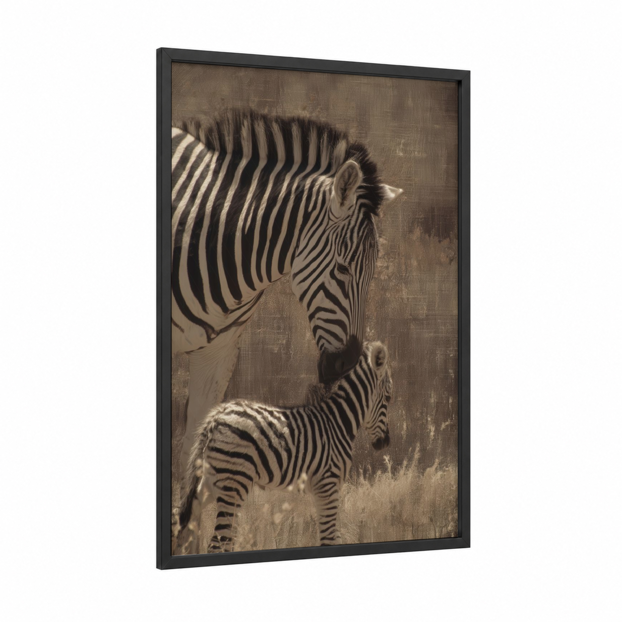 Mother Zebra Bond framed art print — black wood frame — beige and dove gray palette