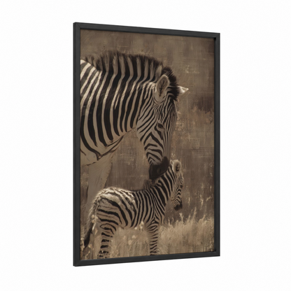 Mother Zebra Bond framed art print — black wood frame — beige and dove gray palette