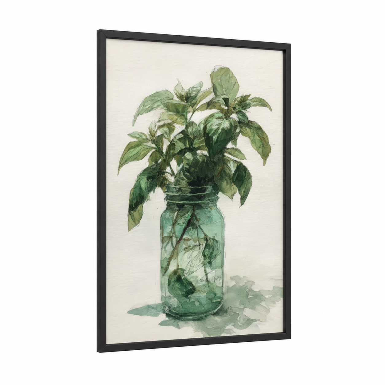 Fresh Herb Bouquet framed herbs print — black wood frame — light green and cream palette