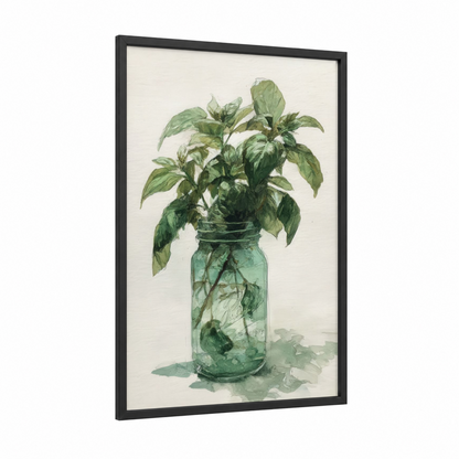 Fresh Herb Bouquet framed herbs print — black wood frame — light green and cream palette