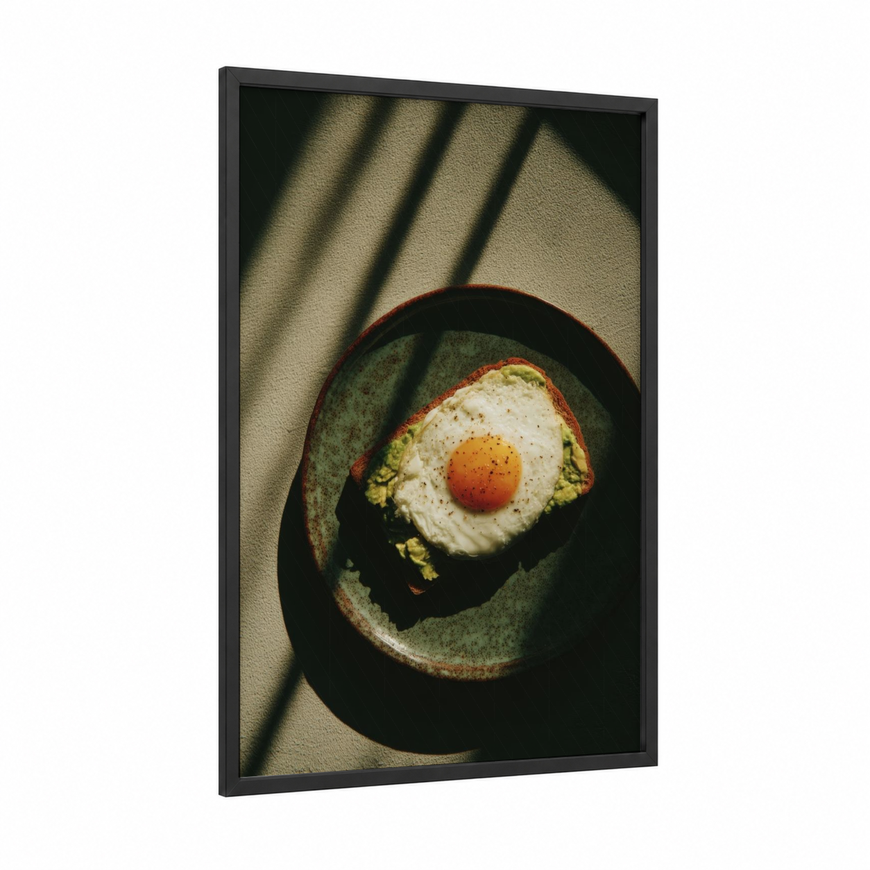 Avocado Egg Toast framed breakfast print — black wood frame — gold and black palette