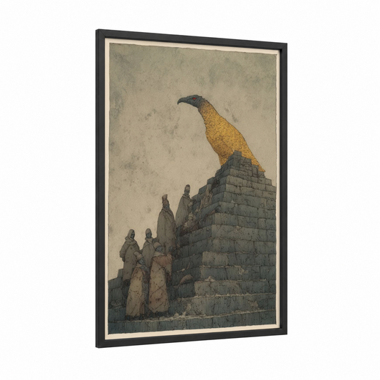 Golden Phoenix Monument framed art print — black wood frame — gold and dove gray palette
