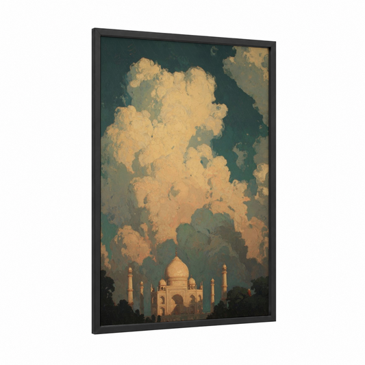 Golden Taj Mahal framed art print — black wood frame — gold and teal palette