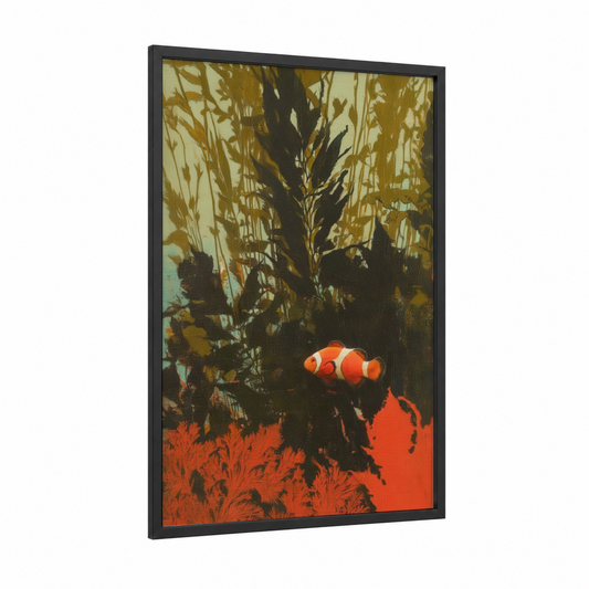 Coral Clownfish framed clown fish print — black wood frame — orange and black and white palette