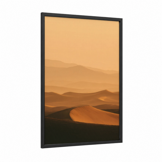 Golden Dune Sunset framed art print — black wood frame — gold and orange palette