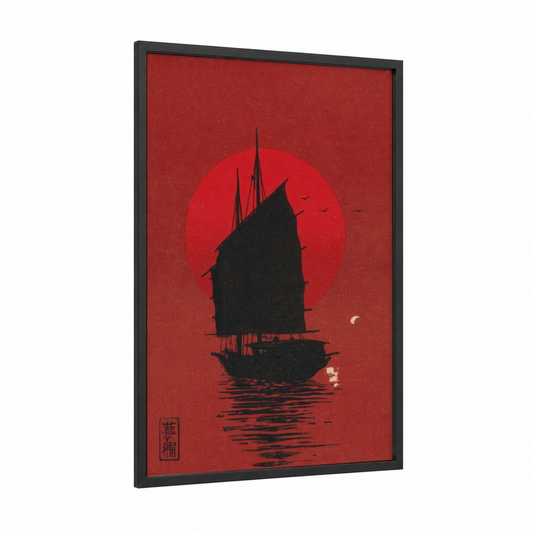 Crimson Sunset Sailing framed sailing ship print — black wood frame — red and black palette