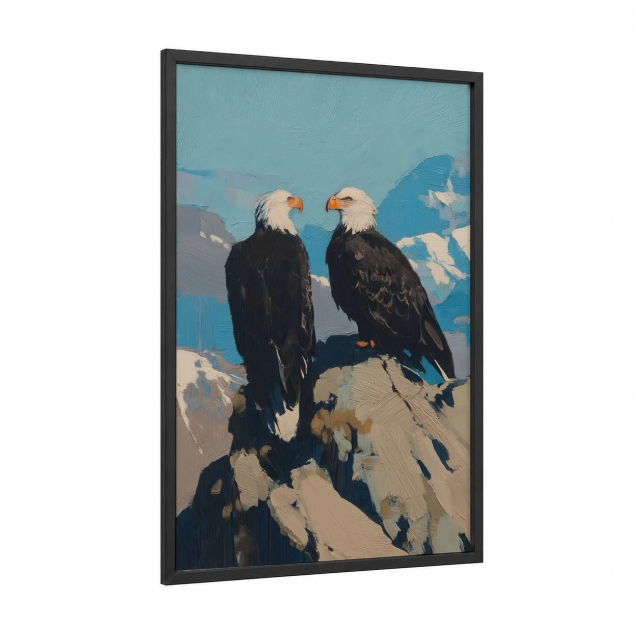 Mountain Eagles Pair framed art print — black wood frame — blue and white palette
