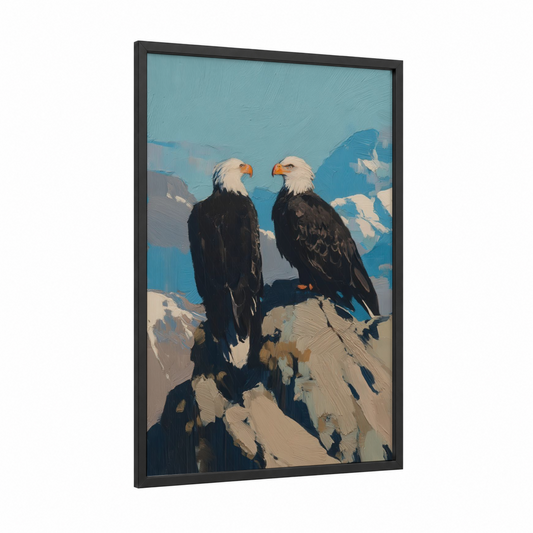 Mountain Eagles Pair framed art print — black wood frame — blue and white palette
