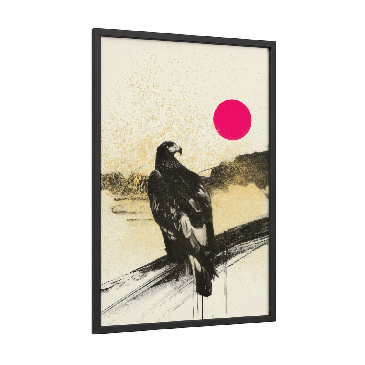 Pink Sun Eagle framed art print — black wood frame — cream and magenta palette