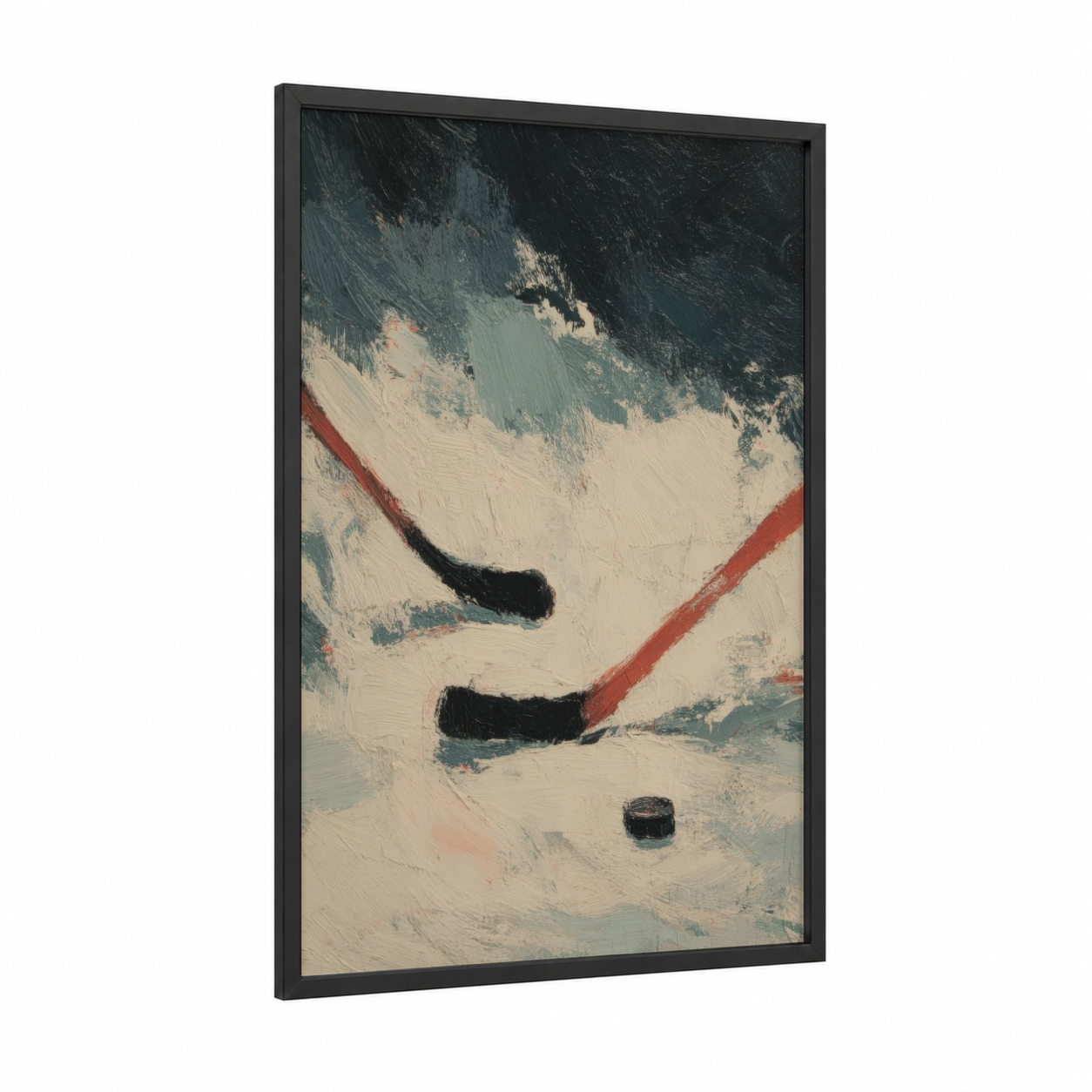 Dynamic Hockey Strike framed ice hockey print — black wood frame — cream and teal palette