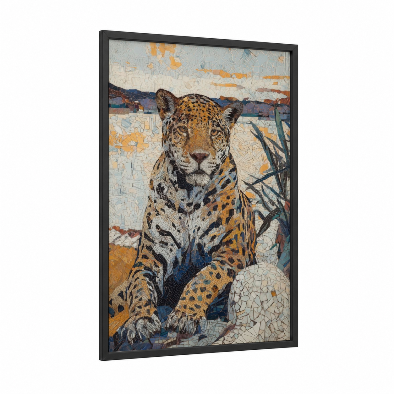 Golden Jaguar framed art print — black wood frame — gold and blue palette