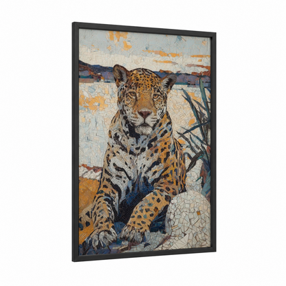 Golden Jaguar framed art print — black wood frame — gold and blue palette