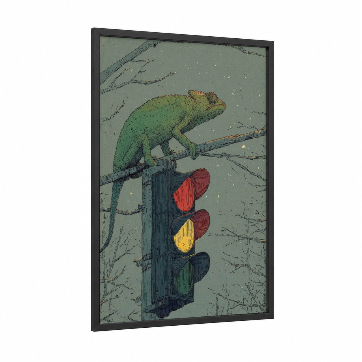 Traffic Light Chameleon framed art print — black wood frame — sage green and gray palette