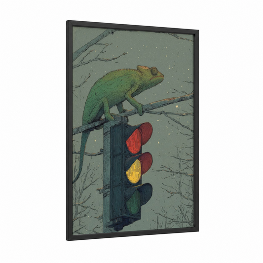 Traffic Light Chameleon framed art print — black wood frame — sage green and gray palette