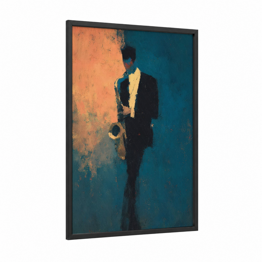 Jazz Saxophonist framed musician print — black wood frame — orange and teal palette