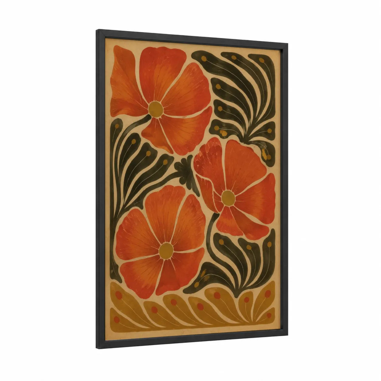 Art Deco Poppies Botanical Wall Art framed art print — black wood frame — orange and cream palette