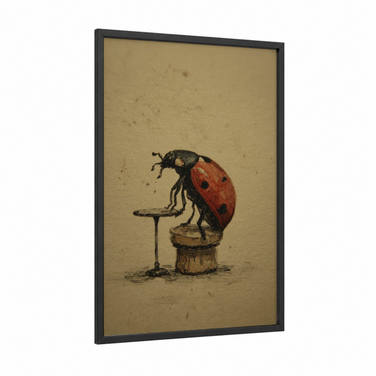Contemplative Ladybug framed art print — black wood frame — beige and red palette