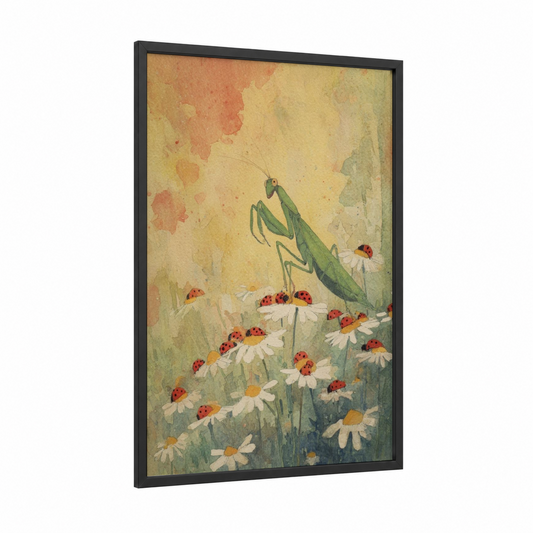 Mantis Among Daisies framed prayin mantis print — black wood frame — cream and light green palette