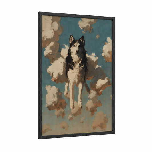 Skyward Husky framed art print — black wood frame — blue and cream palette