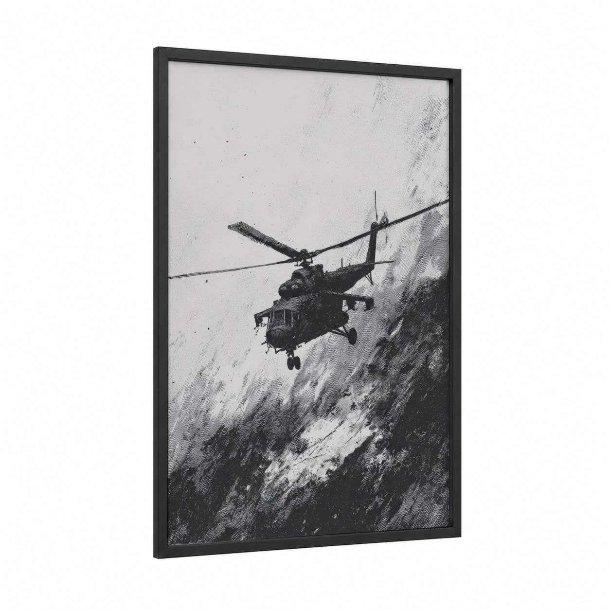 Mountain Rescue Helicopter framed art print — black wood frame — black and white and gray palette