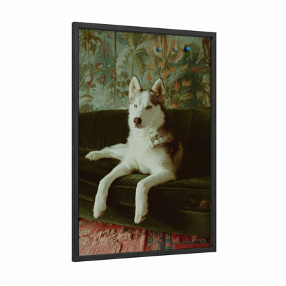 Lounging Husky framed art print — black wood frame — white and brown palette