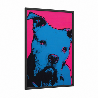 Blue Bulldog Pop framed art print — black wood frame — blue and magenta palette