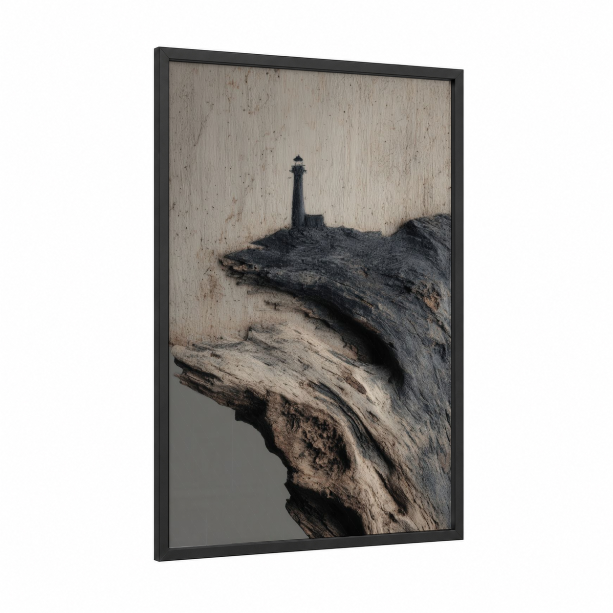 Lighthouse Carving framed woodcarving print — black wood frame — black and white and dove gray palette