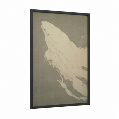 Arctic Beluga framed beluga whale print — black wood frame — cream and dove gray palette