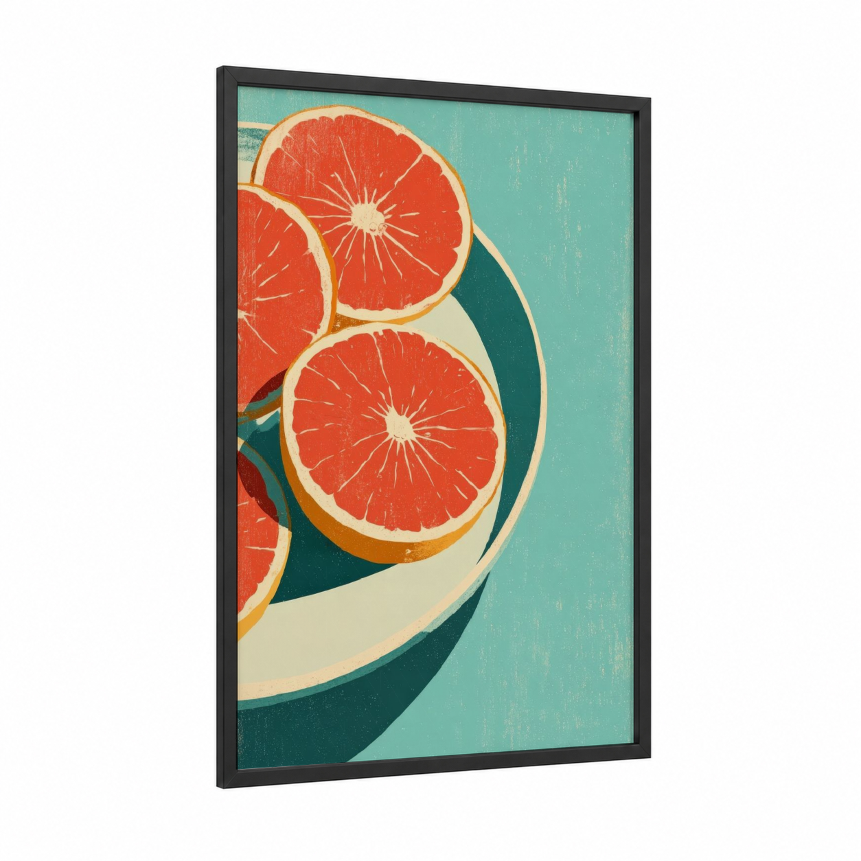 Citrus Bowl Retro framed fruit print — black wood frame — turquoise and red palette