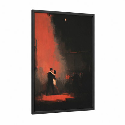 Crimson Waltz framed ballroom dance print — black wood frame — red and black palette