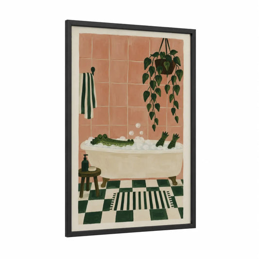 Botanical Spa Bathroom Wall Art framed plant print — black wood frame — peach and true green palette