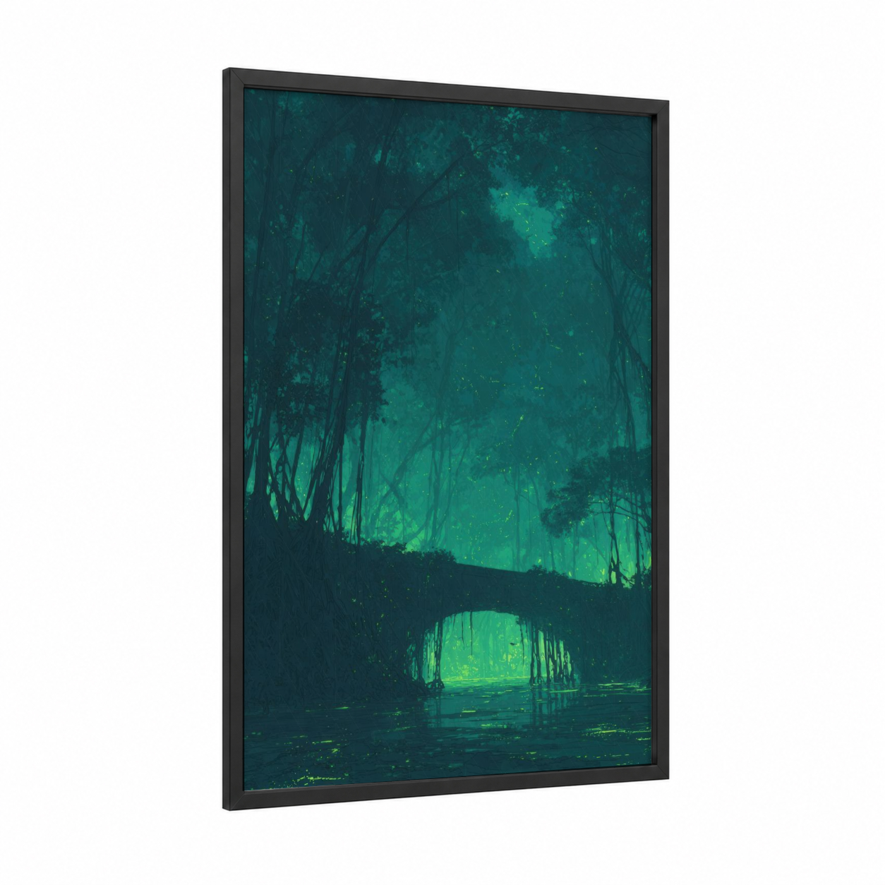 Luminous Bridge Tunnel framed bridges print — black wood frame — teal and dark green palette