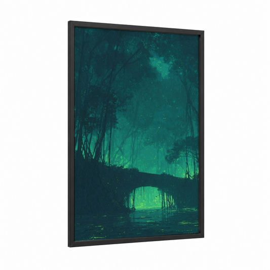 Luminous Bridge Tunnel framed bridges print — black wood frame — teal and dark green palette