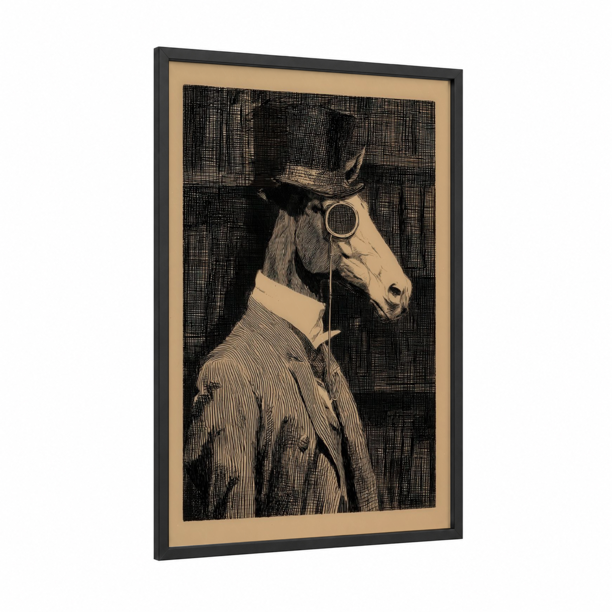 Steampunk Thoroughbred framed thoroughbred horse print — black wood frame — black and white and beige palette