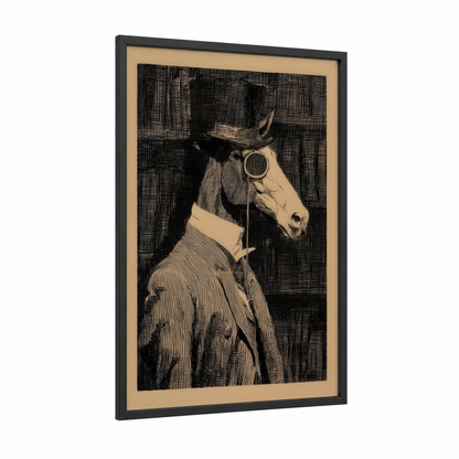 Steampunk Thoroughbred framed thoroughbred horse print — black wood frame — black and white and beige palette