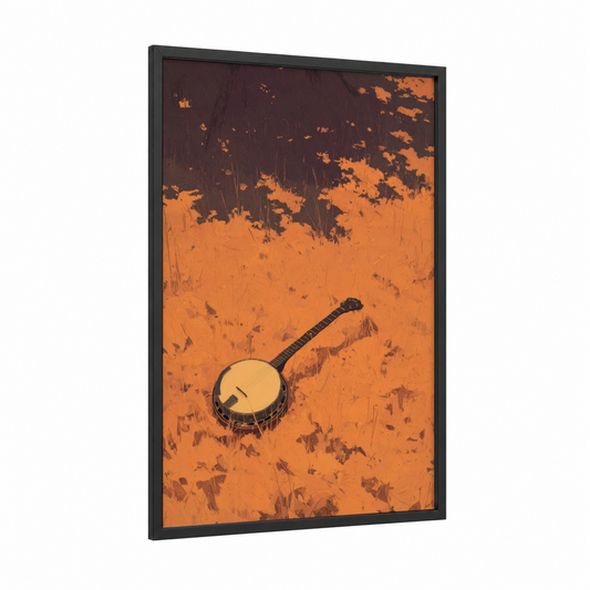 Desert Banjo framed art print — black wood frame — orange and maroon palette