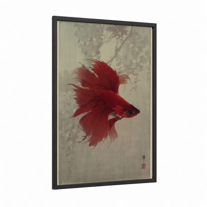 Crimson Betta Fish framed fighting fish print — black wood frame — red and sage green palette