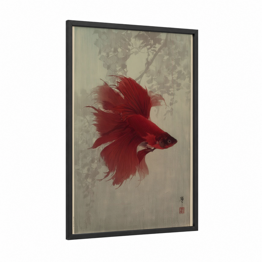 Crimson Betta Fish framed fighting fish print — black wood frame — red and sage green palette