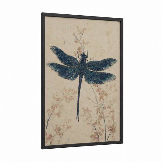 Indigo Dragonfly framed art print — black wood frame — blue and cream palette