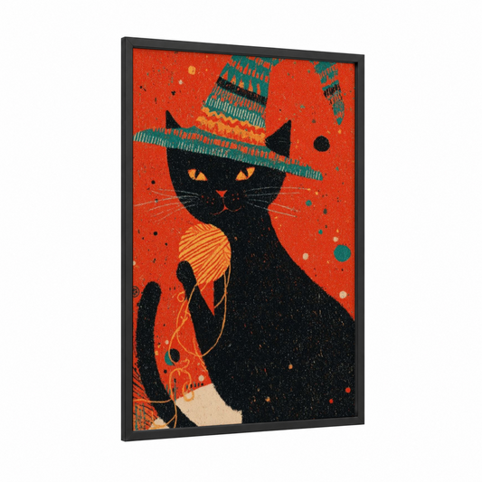 Witch Cat Halloween framed art print — black wood frame — red and black and gold palette
