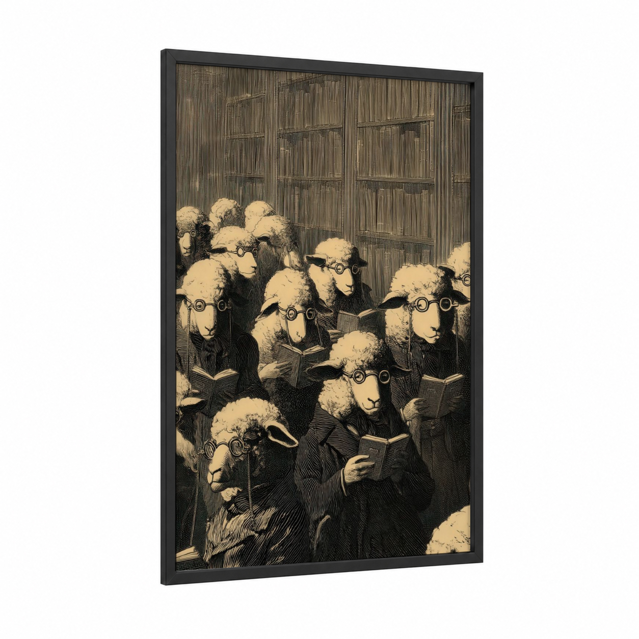 Scholarly Sheep framed art print — black wood frame — beige and black palette