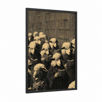 Scholarly Sheep framed art print — black wood frame — beige and black palette