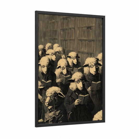 Scholarly Sheep framed art print — black wood frame — beige and black palette