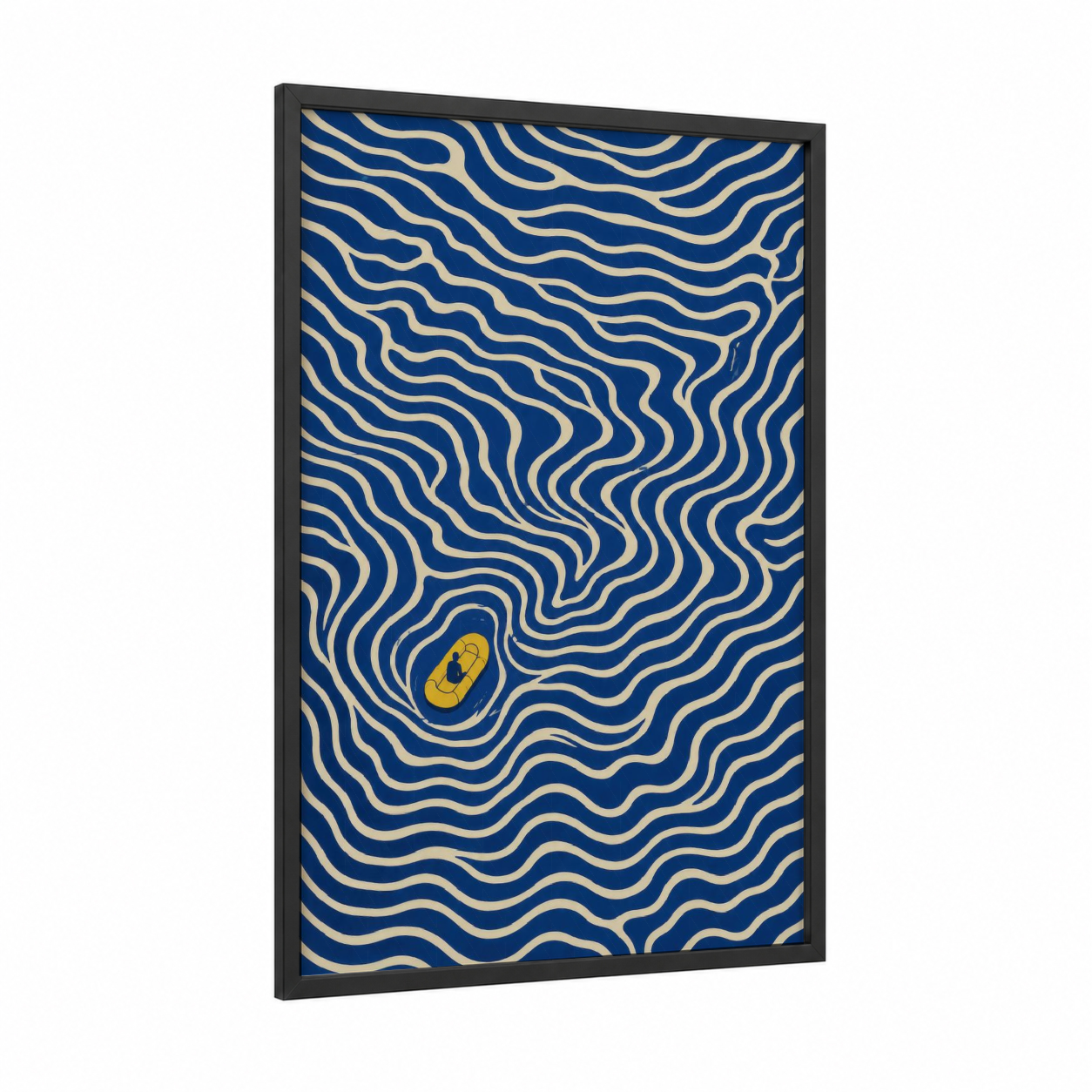 Blue and Gold Geometric Abstract Wall Art framed abstract geometric print — black wood frame — royal blue and gold palette