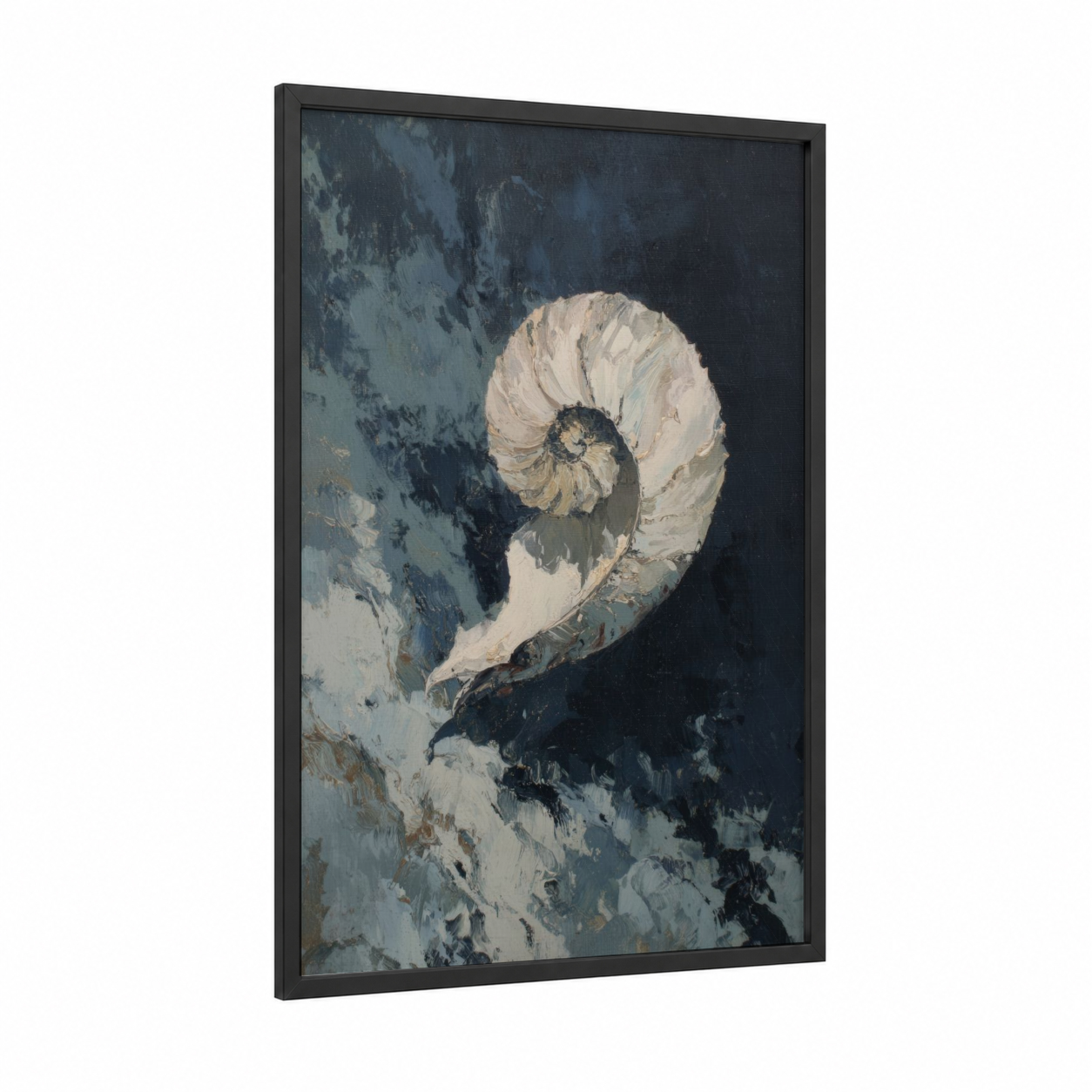 Spiral Nautilus framed art print — black wood frame — cream and teal palette
